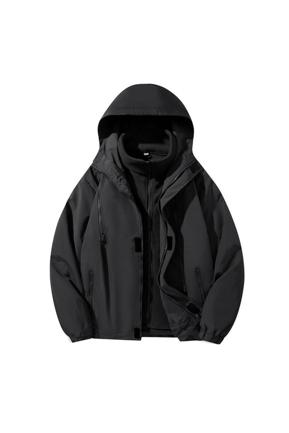 Mens Plus Size Outdoor 3 In 1 Waterproof Windproof Jacket Casual Long Sleeve Removable Liner Hooded Jacket Outdoor Hiking Windbreaker Jacket Black 2XL