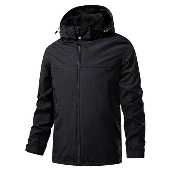 Fmbrln Mens Plus Size Solid Waterproof Windproof Jacket Casual Long Sleeve Full Zip Up Hooded Rain Jacket Outdoor Hiking Windbreaker Jacket Black 3XL