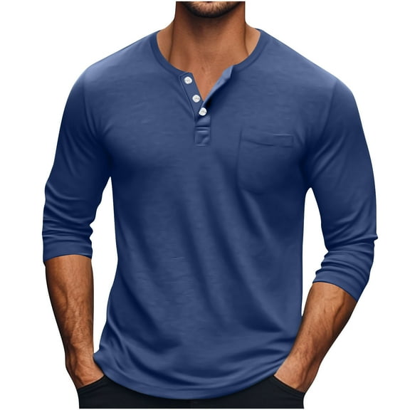 Fmbrln Mens Plus Size Trendy Solid Shirts Fall Fashion Casual Long Sleeve Crew Neck Button Pullover Tops Lightweight Breathable Comfy Shirts Navy S