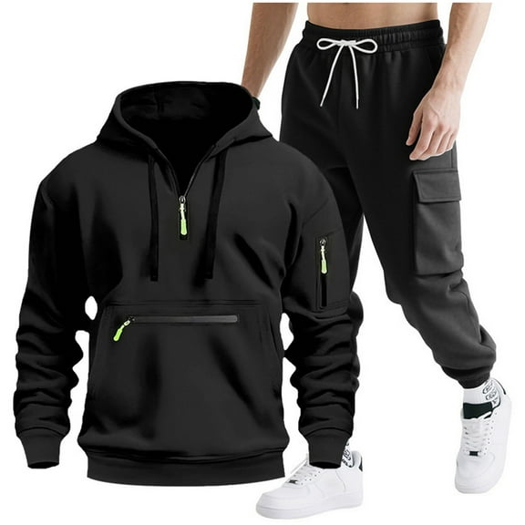 Fmbrln Mens Sweatsuits 2 Piece Sets Quarter Zip Up Long Sleeve Hoodies and Drawstring Elastic Waist Multipockets Cargo Sweatpants Fall Winter Fashion Athletic Outfits Sets