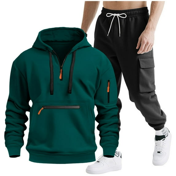 Fmbrln Mens Sweatsuits 2 Piece Sets Quarter Zip Up Long Sleeve Hoodies and Drawstring Elastic Waist Multipockets Cargo Sweatpants Fall Winter Fashion Athletic Outfits Sets