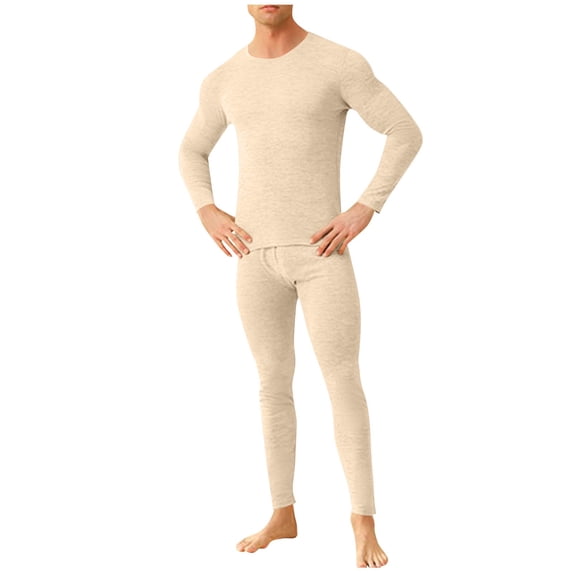 Fmbrln Mens Thermal Underwear 2 Piece Sets Crew Neck Long Sleeve Tops and Long Pants Set Soft Lightweight Base Layer For Fall Winter Home Outdoor Coffee L