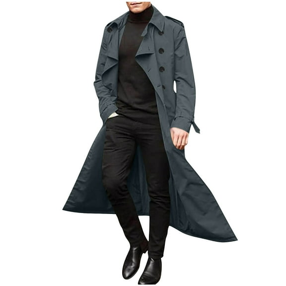 Fmbrln Mens Trench Coat Double Breasted Lapel Collar Pea Coats Outdoor Windbreaker Jackets Soft Comfy Overcoat Fall Winter Trench Coat Dark Gray XL
