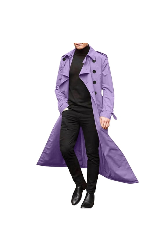 Mens Trench Coat Double Breasted Lapel Collar Pea Coats Outdoor Windbreaker Jackets Soft Comfy Overcoat Fall Winter Trench Coat Purple 2XL