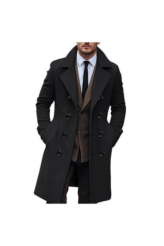 Mens Trench Coat Double Breasted Notched Collar Pea Coats Casual Dressy Coat Soft Warm Overcoat Fall Winter Fashion Trench Coat Black L