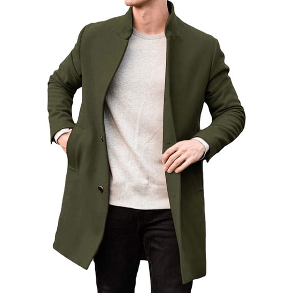 Fmbrln Mens Trench Coat Long Sleeve Stand Up Collar Pea Coats Casual Dressy Coat Soft Warm Overcoat Fall Winter Fashion Coat Green XL