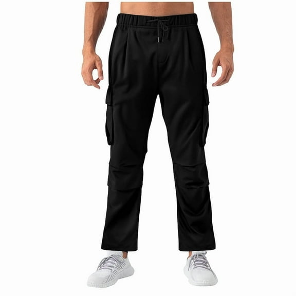 Fmbrln Mens Trendy Cargo Pants Drawstring Elastic Waist Multipockets Solid Color Work Pants Lounge Outdoor Hiking Trousers Black S