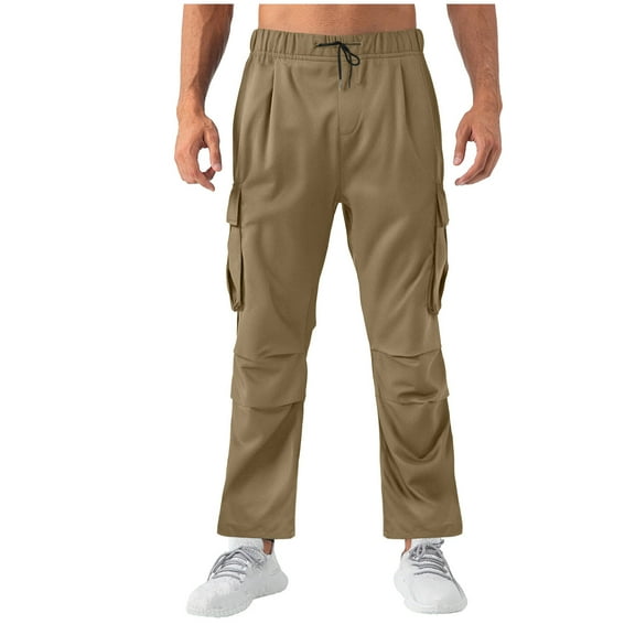Fmbrln Mens Trendy Cargo Pants Drawstring Elastic Waist Multipockets Solid Color Work Pants Lounge Outdoor Hiking Trousers Khaki L