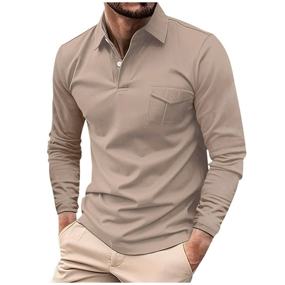 Fmbrln Mens Trendy Long Sleeve Shirts Fashion Casual Turndown Collar Button Solid Color Pullover Tops Khaki 2XL