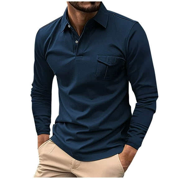 Fmbrln Mens Trendy Long Sleeve Shirts Fashion Casual Turndown Collar Button Solid Color Pullover Tops Navy L