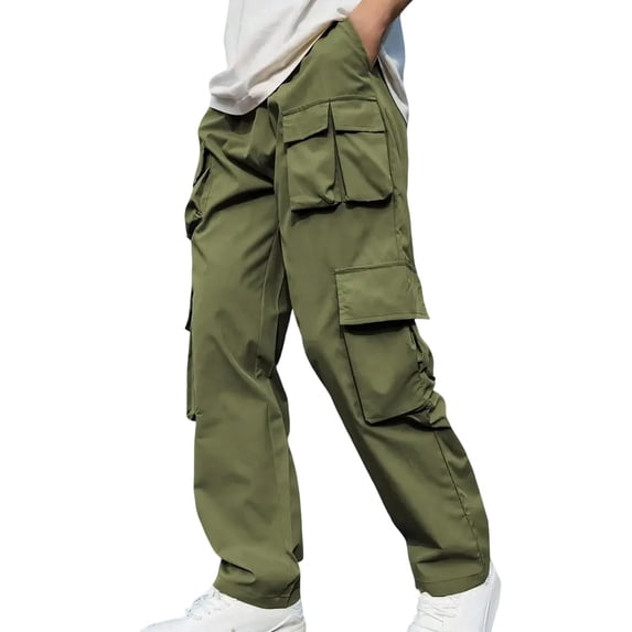 Fmbrln Mens Trendy Multipockets Cargo Pants Casual Solid Color Straight Leg Pants Lounge Outdoor Hiking Trousers Army Green XL