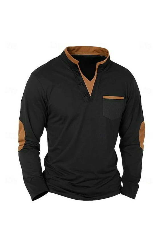 Mens Trendy Patchwork Shirts Fashion Casual Long Sleeve V Neck Button Basic Tops Loose Comfy Blouse Brown L