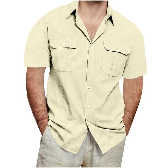 Fmbrln Mens Vintage Linen Shirts Short Sleeve Casual Button Shirts Summer Tops Beach Holiday Shirts with Pockets