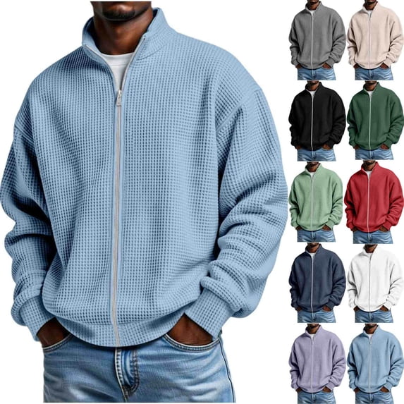 Fmbrln Mens Zip Up Sweatshirt Knit Long Sleeve Stand Collar Jacket Fall Winter Casual Solid Color Tops Khaki S
