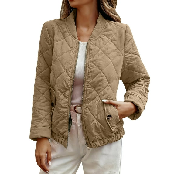 Fmbrln Quilted Jackets for Women Full Zip Up Long Sleeve Solid Jackets Fall Winter Fashion Warm Coat with Pockets