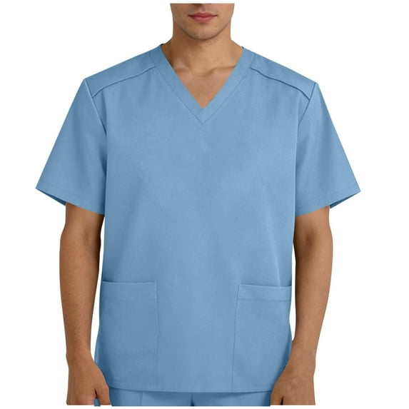 Fmbrln Scrubs Tops for Men with Pockets V Neck Short Sleeve Nursing Scrubs Casual Loose Solid Work Uniforms