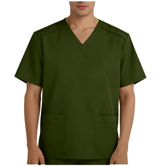 Fmbrln Scrubs Tops for Men with Pockets V Neck Short Sleeve Nursing Scrubs Casual Loose Solid Work Uniforms