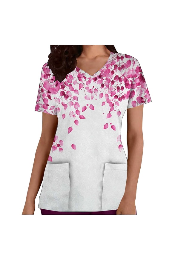 Scrubs Tops for Women Short Sleeve V Neck Floral Print Nursing Uniform with Pockets Casual Lightweight Workwear