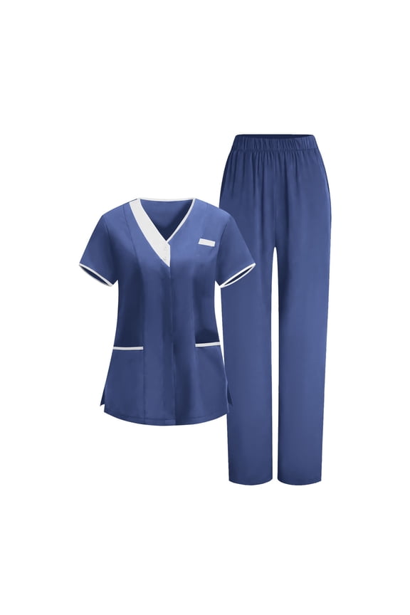 Scrubs for Women Set V Neck Scrubs Tops and Elastic Waist Straight Leg Pants Comfy Stretchy Nursing Uniform Breathable Workwear Sets with 5 Pockets