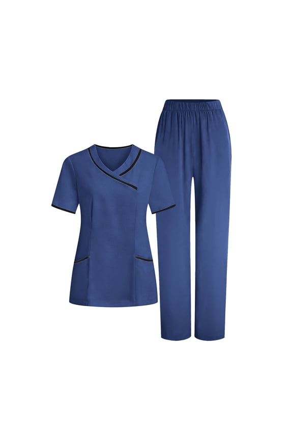 Scrubs for Women Set Wrap V Neck Scrubs Tops and Elastic Waist Straight Leg Pants with 5 Pockets Comfy Breathable Nursing Uniform Workwear Sets