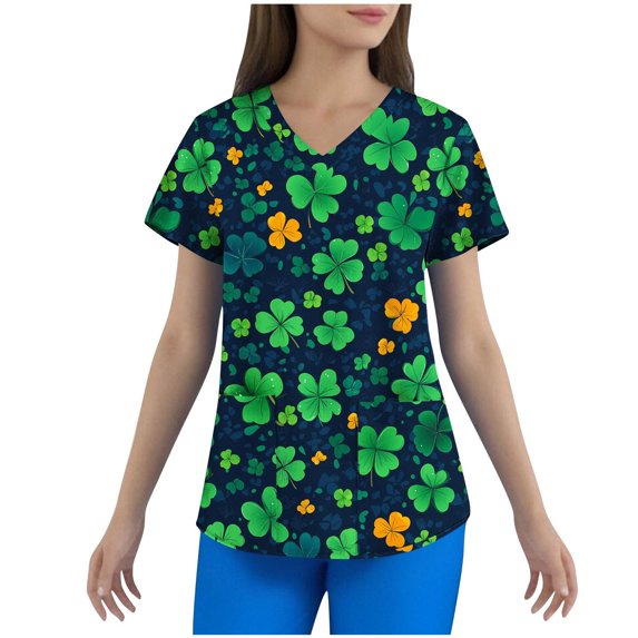 Fmbrln Scrubs for Women Plus Size St. Paclitus Print V Neck Short Sleeve Scrub Tops Nursing Uniforms with Pockets