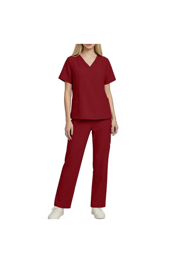 Scrubs for Women Set V Neck Scrubs Tops and Elastic Waist Straight Leg Pants with Pockets Solid Nursing Uniform Workwear Sets