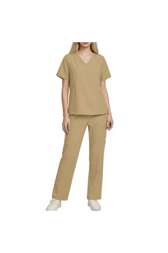 Scrubs for Women Set V Neck Scrubs Tops and Elastic Waist Straight Leg Pants with Pockets Solid Nursing Uniform Workwear Sets