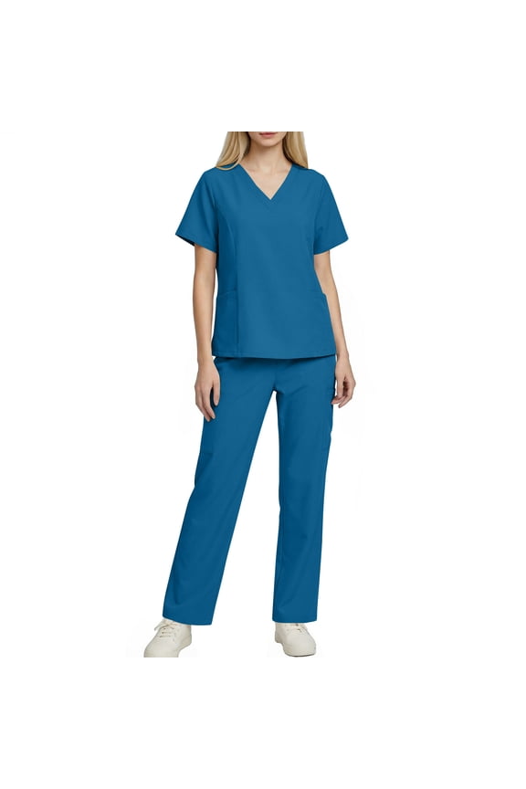 Scrubs for Women Set V Neck Scrubs Tops and Elastic Waist Straight Leg Pants with Pockets Solid Nursing Uniform Workwear Sets