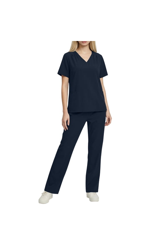 Scrubs for Women Set V Neck Scrubs Tops with Pockets and Elastic Waist Straight Leg Pants Solid Nursing Uniform Workwear Sets