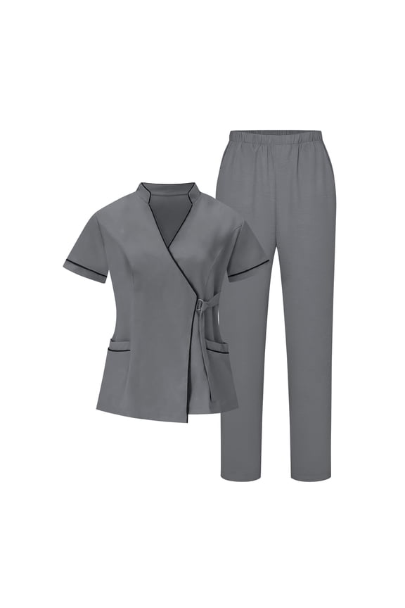 Scrubs for Women Set, Wrap V Neck Tie Buckle Waist Scrubs Tops and Straight Leg Pants Comfy Stretch Nursing Uniforms Solid Workwear Sets