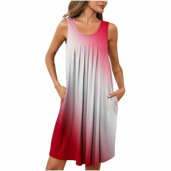 Fmbrln Summer Dress for Women Crew Neck Sleeveless Pleated Gradient Sundress Holiday Beach Dress with Pockets