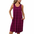 thumbnail image 1 of Fmbrln Summer Dress for Women Crew Neck Sleeveless Pleated Plaid Print Sundress Holiday Beach Dress with Pockets, 1 of 7
