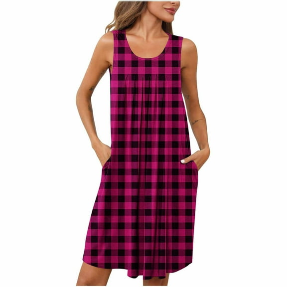 Fmbrln Summer Dress for Women Crew Neck Sleeveless Pleated Plaid Print Sundress Holiday Beach Dress with Pockets
