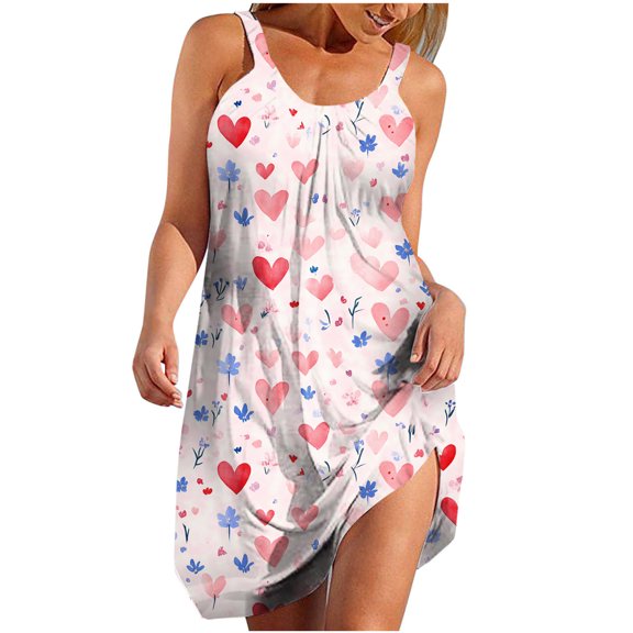 Fmbrln Summer Dress for Women Sleeveless Tank Dress Beach Vacation Mini Dress Fashion Casual Loose Heart Print Sundress
