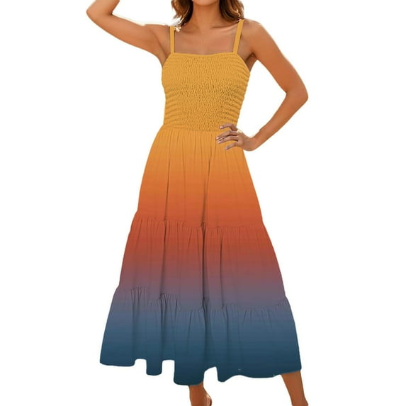 Fmbrln Summer Dresses for Women 2025 Sleeveless Spaghetti Strap Pleated Flowy Long Dress Beach Vacation Gradient Print Sundress
