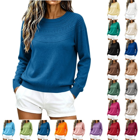 Fmbrln Sweaters for Women Crew Neck Textured Knit Sweaters Fall Winter Solid Color Long Sleeve Pullover Tops