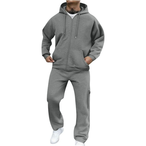 Fmbrln Sweatsuits for Men 2 Piece Full Zip Up Long Sleeve Hoodies with Pockets and Elastic Waist Cargo Wide Leg Sweatpants Fall Winter Fashion Outfits Sets