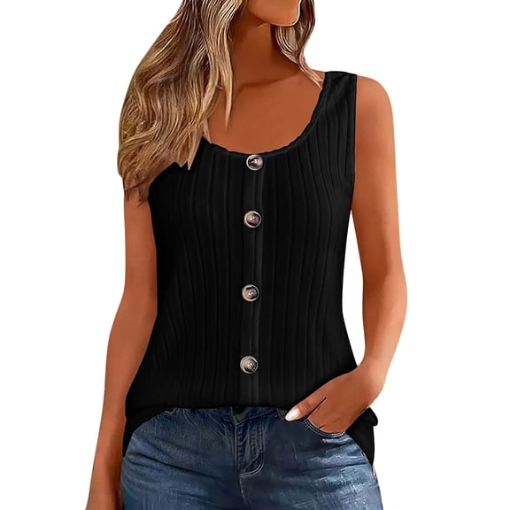 Fmbrln Tank Tops for Women Plus Size Summer Sleeveless Button Crew Neck Ribbed Knitted Tops Casual Loose Solid Tees Blouse