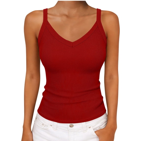 Fmbrln Tank Tops for Women Sleeveless Spaghetti Strap V Neck Ribbed Basic Shirts Casual Slim Fit Camisole Blouses