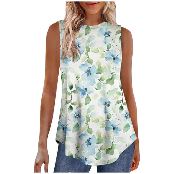 Fmbrln Tank Tops for Women Summer Sleeveless Crew Neck Floral Print Boho Tops Fashion Casual Beach Vacation Tees Blouses