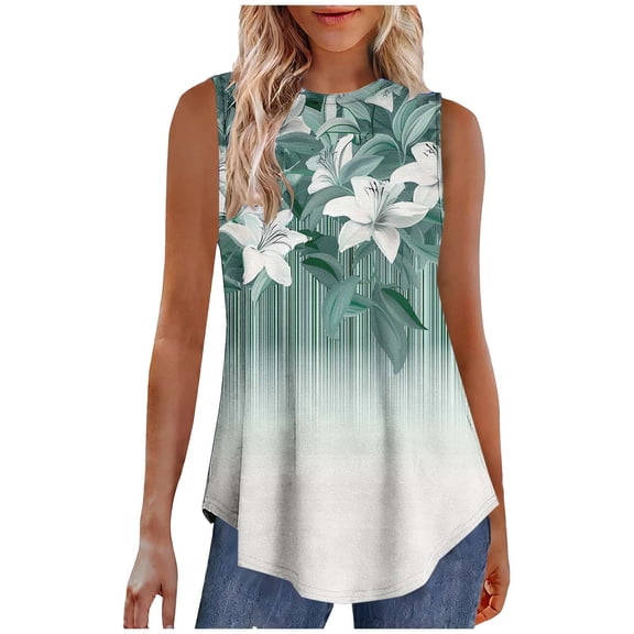 Fmbrln Tank Tops for Women Summer Sleeveless Crew Neck Floral Print Boho Tops Fashion Casual Beach Vacation Tees Blouses