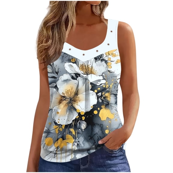 Fmbrln Tank Tops for Women Summer Sleeveless V Neck Floral Print Boho Tops Fashion Casual Front Pleated Vacation Beach Blouses
