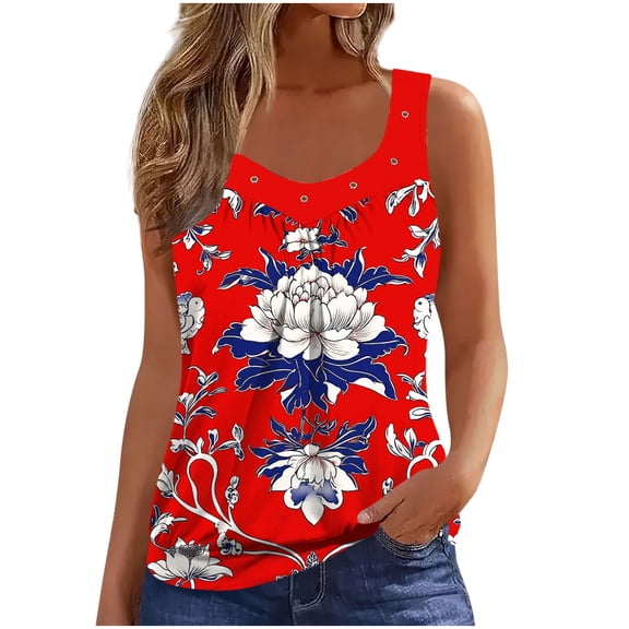 Fmbrln Tank Tops for Women Summer Sleeveless V Neck Floral Print Boho Tops Fashion Casual Front Pleated Vacation Beach Blouses