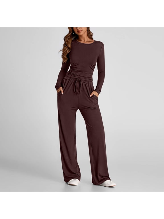 Two Piece Sets for Women Crew Neck Long Sleeve Tops Drawstring Wide Leg Sweatpants Fall Matching Lounge Sets Travel Outfits Wine S