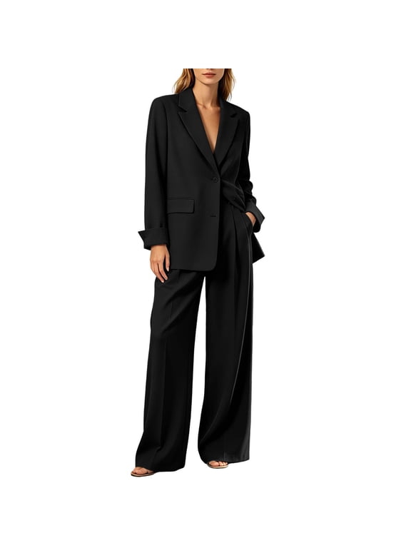 Two Piece Sets for Women Long Sleeve Button Collar Blazer Jacket Wide Leg Pants Suit Set Fashion Business Casual Outfits Black M