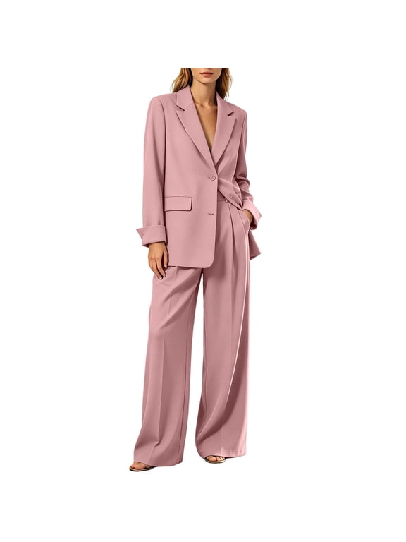 Two Piece Sets for Women Long Sleeve Button Collar Blazer Jacket Wide Leg Pants Suit Set Fashion Business Casual Outfits Pink S