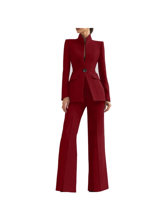 Two Piece Sets for Women Long Sleeve Slim Fit Blazer with Shoulder Pads Long Pants Suit Sets Business Casual Office Work Sets Red S