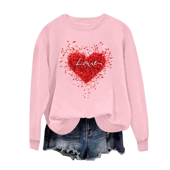 Fmbrln Valentines Day Sweatshirts for Women, Fashion Crew Neck Long Sleeve Valentines Shirts Casual Loose Heart Print Pullover Tops