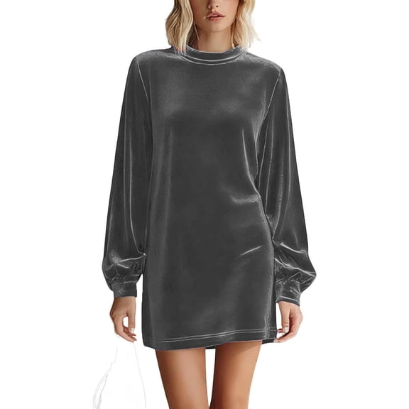 Fmbrln Velvet Dress for Women Long Sleeve Crew Neck Casual Dressy Party Dress Fashion Solid Cocktail Mini Dress