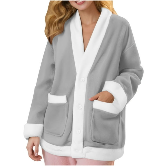 Fmbrln Winter Flannel Pajamas for Women Thickened Fleece Lined Warm Cardigan Pajamas Tops Full Button Long Sleeve Color Block Sleepwear Coat Comfy Soft Home Pajamas with Pockets